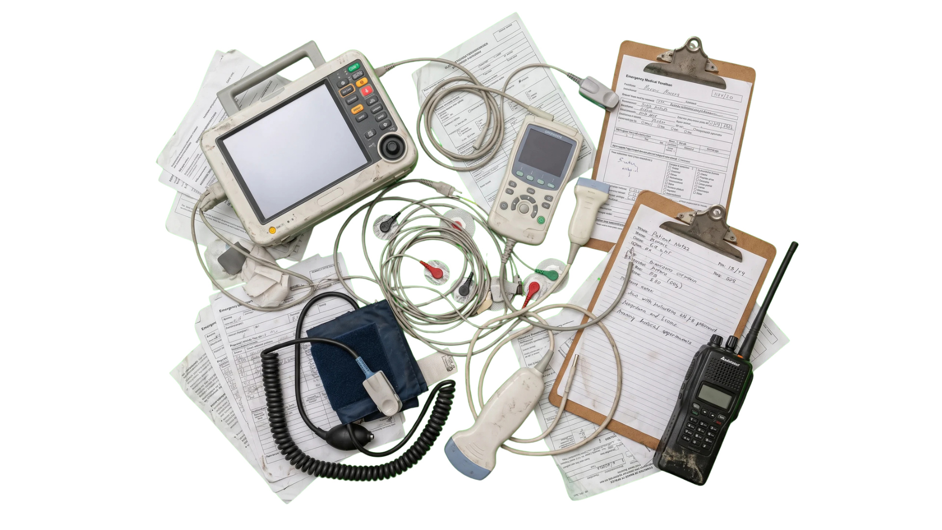 Tangle of separate monitors, cables, cuffs, probes, radios and paper forms used in pre-hospital care today