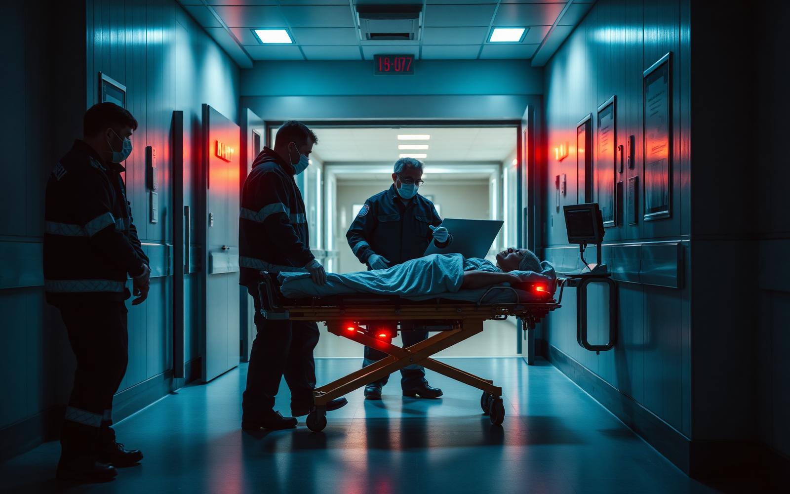 EMS team performing patient handover at hospital entrance