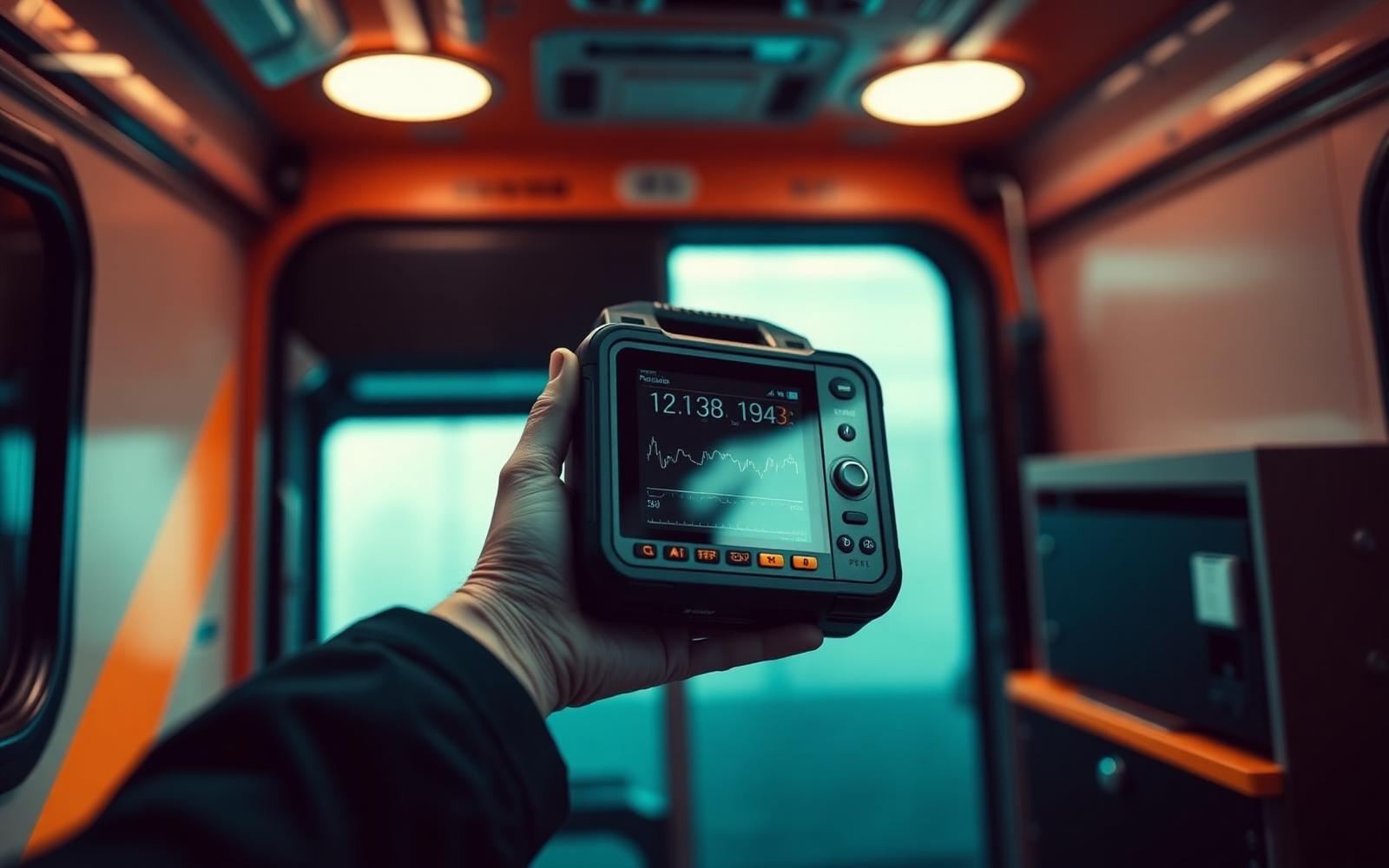 Paramedic holding a rugged Synetra monitoring device inside an ambulance